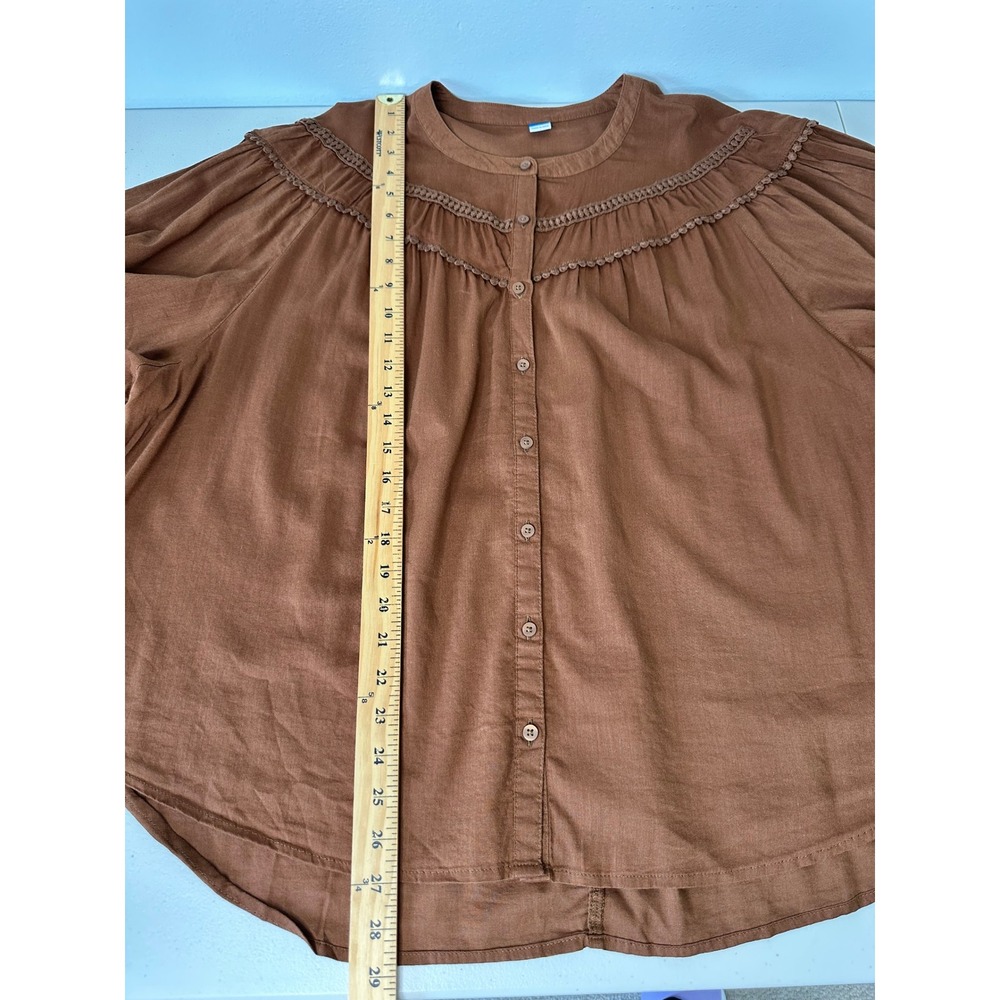 Old Navy Poet Top Size XL Brown Long Sleeve Crochet Lace Trim Boho Fall New - Picture 4 of 9